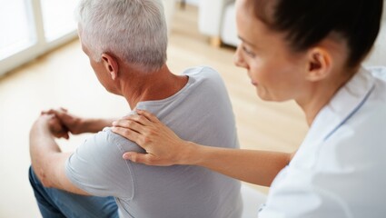 Physiotherapist doctor placing a comforting hand on the shoulder of a male senior patient, conveying compassion and support during a treatment or consultation session.