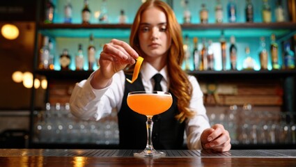 Female bartender skillfully preparing sophisticated cocktail in dimly lit, upscale bar filled with elegant ambiance. Welcoming nightlife setting.
