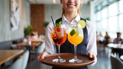 Elegant waitress in black vest and white shirt gracefully serving two vibrant cocktail drinks to guests in modern sophisticated restaurant. Young woman working with professional skill.