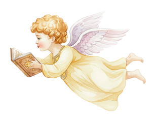 Fototapeta premium Little blonde angel cherub flying and reading an old ornate book with a golden sun design