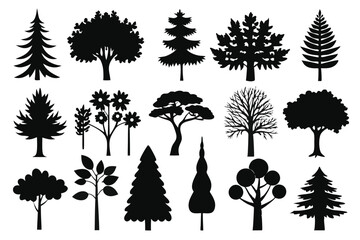 set of tree silhouette line art vector illustration with a white background