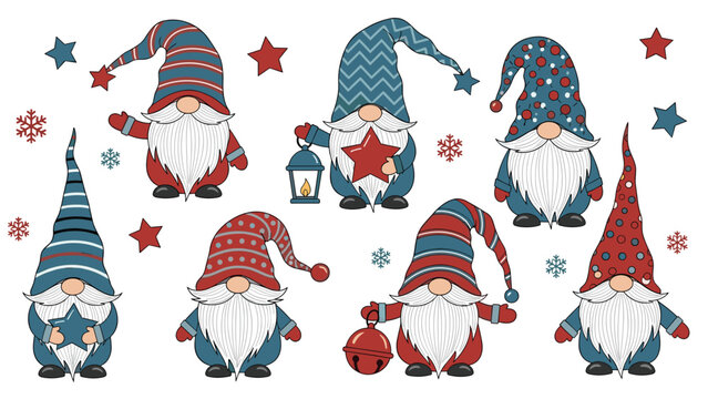 Group of seven cute gnomes in various festive outfits holding stars and lanterns for a magical winter illustration.