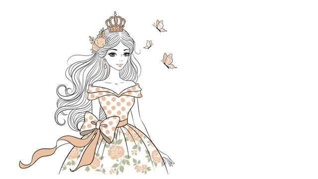 Elegant princess illustration with long wavy hair wearing a golden crown and a dress with floral patterns and bows.