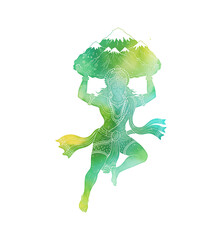 Obraz premium Indian Hindu deity Hanuman powerfully carrying a mountain on his head in a dynamic leaping pose