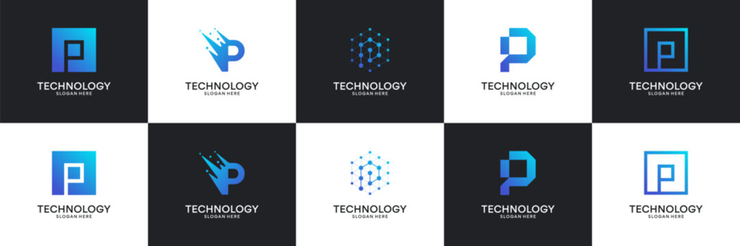 Set of modern initial letter P tech logo. Abstract  icon for technology, internet, digital.