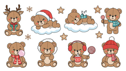 Fototapeta premium Collection of eight cute teddy bear illustrations participating in various winter activities and festive holiday scenes.