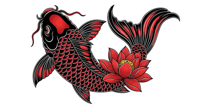 Vibrant Red Koi Fish and Lotus Flower Illustration - Japanese Tattoo Style