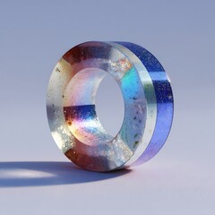 Vibrant Translucent Glass Ring with Multicolored Reflections and Sparkles in Minimalist Soft Blue Background Displaying Spectral Light Effects and Artistic Design