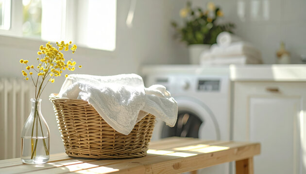 Cesto di vimini con asciugamani bianchi puliti in lavanderia luminosa con mimosa e lavatrice. Generative AI