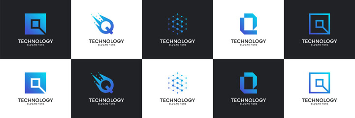 Set of modern initial letter Q tech logo. Abstract  icon for technology, internet, digital.