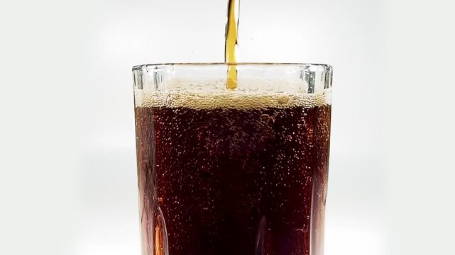chilled cola pouring in a glass, glass of soda on white background, soft drink pouring in a glass