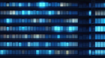 Obraz premium Abstract pattern of blue glowing windows on a modern building facade at night