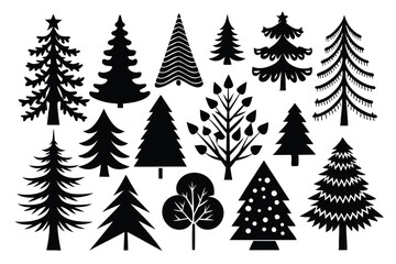 Fototapeta premium set of pine tree silhouette line art vector illustration with a white background
