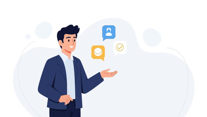 Man presenting communication icons and ideas