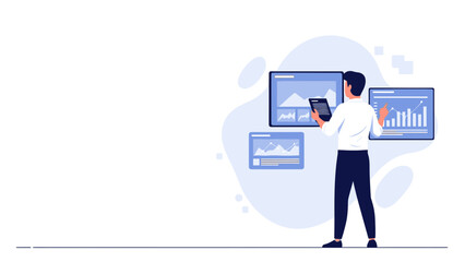 Man analyzing financial data on screens, business analytics, stock market charts