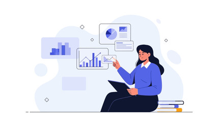 Businesswoman analyzing charts on digital interface, data visualization, modern analytics concept