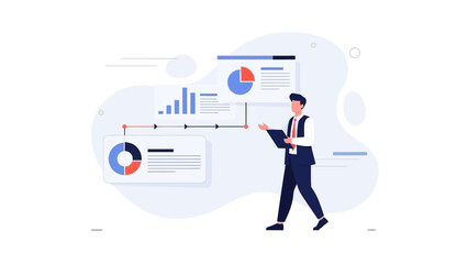 Businessman presenting financial report with charts and graphs, modern illustration