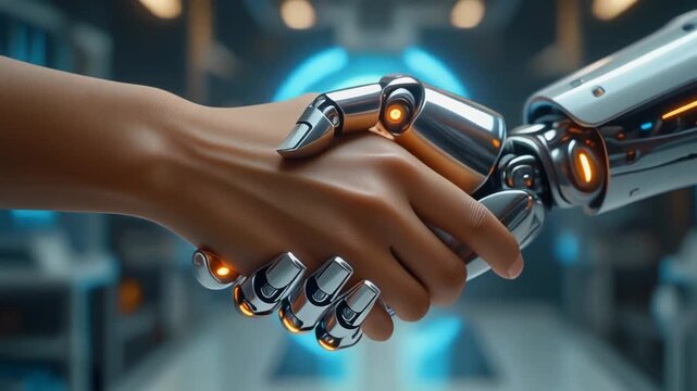 Futuristic Collaboration A Human Handshake with a Robotic Arm Symbolizing Technological Advancement and Partnership