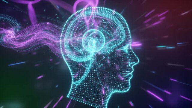 Conceptual visualization of artificial intelligence processing vast data within a futuristic human mind, representing advanced thought and digital consciousness
