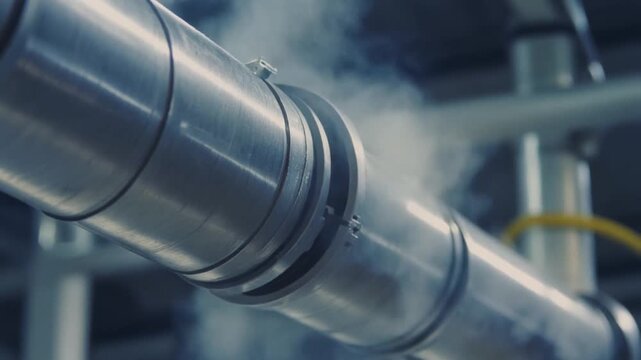 Close-up of a damaged industrial pipe joint emitting steam, highlighting an urgent need for maintenance and repair in a factory setting