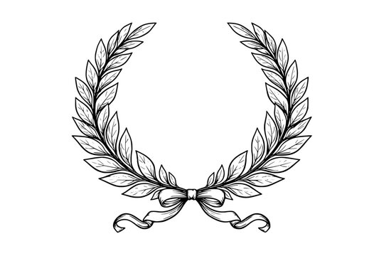 Vector laurel wreath outline with ribbon in engraved style. Classic symbol of victory, award, achievement and elegance. Black line art isolated on white background.