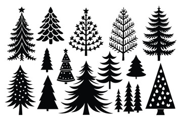 Obraz premium set of pine tree silhouette line art vector illustration with a white background
