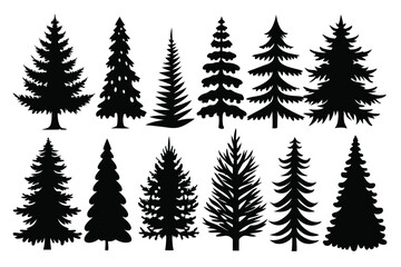 Fototapeta premium set of pine tree silhouette line art vector illustration with a white background