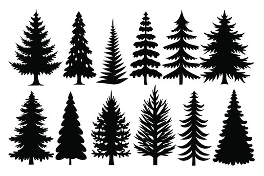 set of pine tree silhouette line art vector illustration with a white background