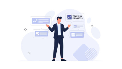 Man presenting training progress and data analysis with charts