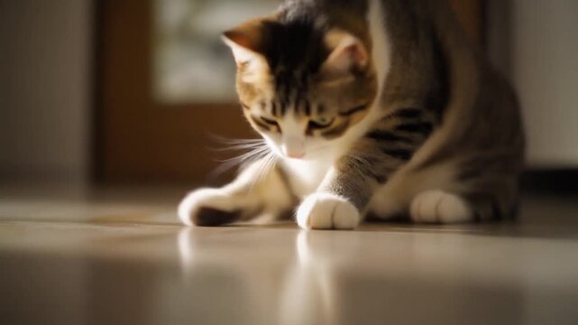 A curious and playful calico cat focused intently on an unseen object on a reflective floor, capturing a moment of domestic feline amusement and agile movement in a warm indoor environment