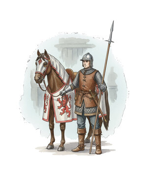 Medieval Soldier and Horse Standing Watchful with Spear Armor and Heraldry in Historical Illustration