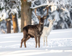 Obraz premium Two deer, one dark and one white, stand in deep snow in a forest glade, bathed in golden sunlight
