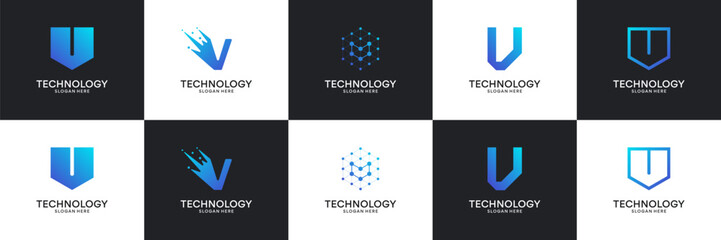 Set of modern initial letter V tech logo. Abstract  icon for technology, internet, digital.