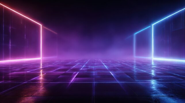Futuristic neon background with pink and blue glowing light frames and reflective grid floor in dark smoky room