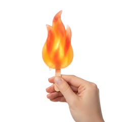Hand Holding a Flame Shaped Popsicle - Creative Surreal Concept of Fire and Ice Fusion isolated on a transparent background 