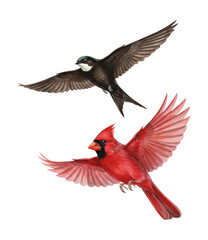 Fototapeta premium Two beautiful flying birds a brown swallow and a red cardinal in graceful airborne motion