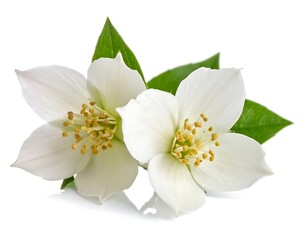 Obraz premium Two delicate white jasmine blossoms with yellow centers and a few bright green leaves, isolated on a white background