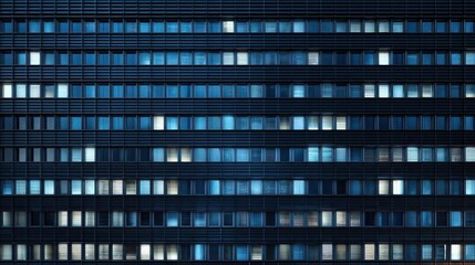 Obraz premium Modern office building facade with illuminated windows creating an abstract pattern at night