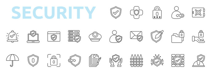 Security icon outline style with password, access, vault, verification, firewall, virus, secure wall icons
