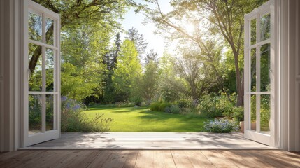Open white French doors leading out to a lush green sunny garden and backyard deck