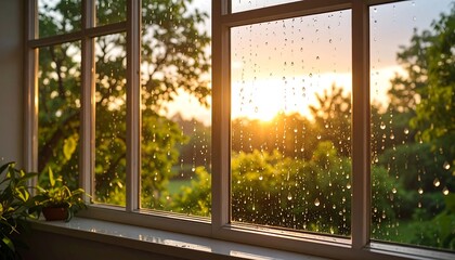 Fototapeta premium A sunlit view of a wet window featuring raindrops against a blurry backdrop of greenery and a bright sky. Light streams through the window