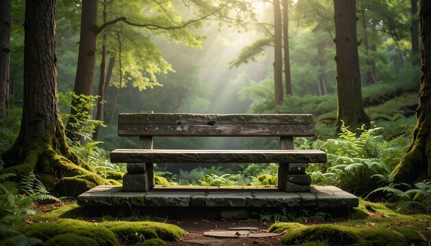 A sunlit, peaceful forest scene with a weathered wooden bench centered among trees, moss, and dappled light