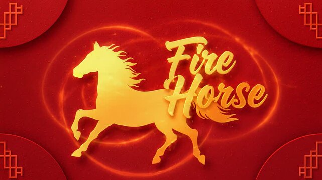 Lunar New Year Fire Horse illustration with golden horse silhouette on red background with Chinese patterns