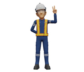 Isolate industrial worker raise 2 finger hand sign on transparent background.