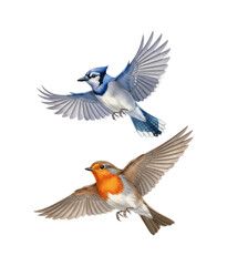 Obraz premium Two beautiful birds a blue jay and an american robin soaring gracefully with wings spread in watercolor illustration