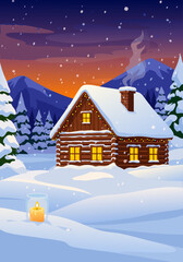 Fototapeta premium Charming Winter Cabin Vector Illustration with Snowfall and Candle Light, a Cozy Scene for Holiday Greetings and Seasonal Designs