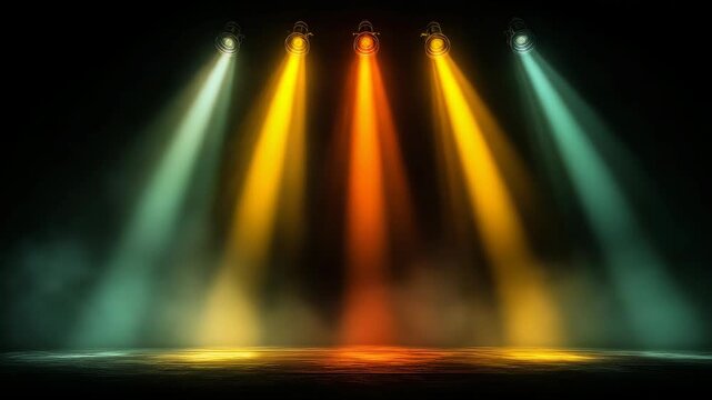Modern stage show setup with powerful gold green orange spotlights illuminating a blank, empty stage. Clean, minimal scene ready for performance, branding, or event presentation.