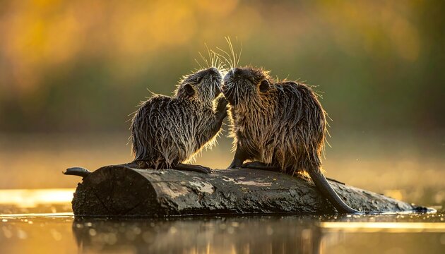 Two nutria rodents perch on a log in golden hour light, touching faces affectionately in a water scene