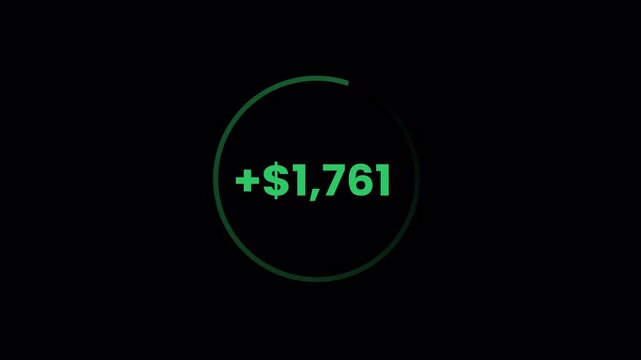 Flat 2d vector circular progress indicator with green positive number on dark background. Minimal motion design representing growth metric with glowing ring animation style