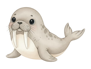 Obraz premium Cute baby walrus with large white tusks lying down showing a happy and friendly expression in watercolor style